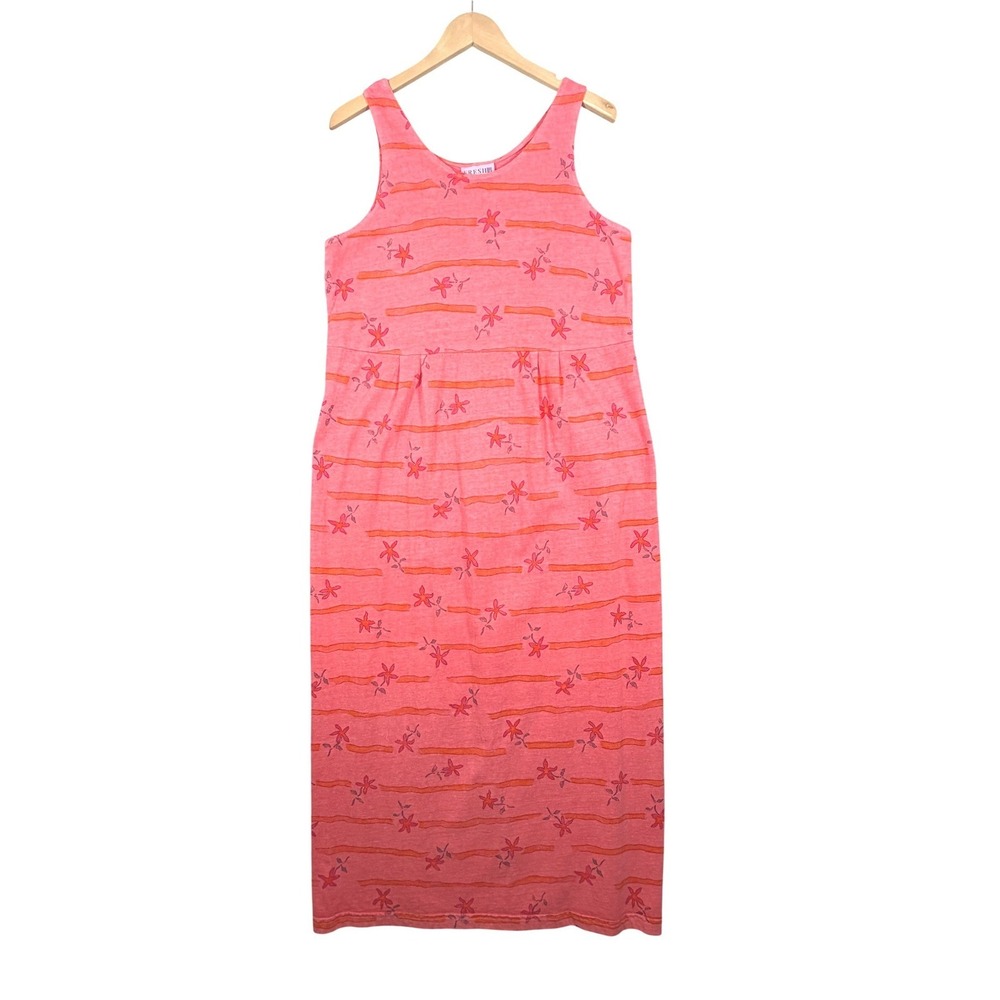 Fresh Produce Maxi Dress Medium Orangey Pink Floral Sleeveless Cotton USA Made